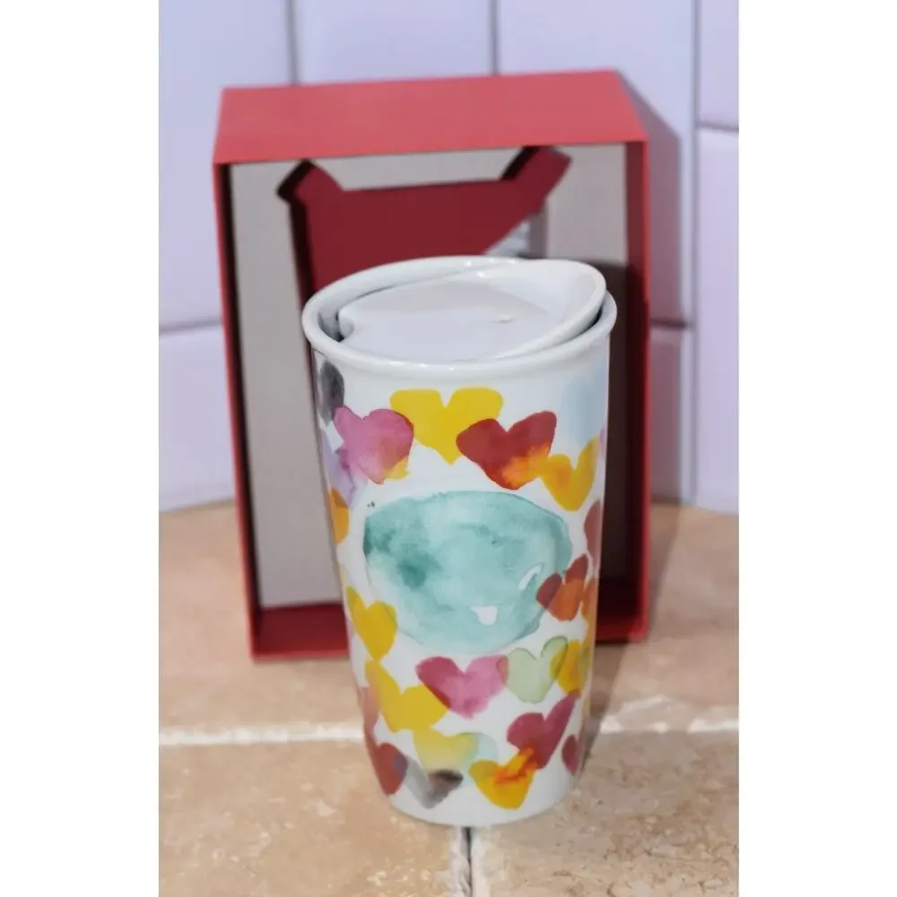 Starbucks Watercolor Hearts DOT 10 oz Ceramic Travel Tumbler Coffee Mug 2015 NWT